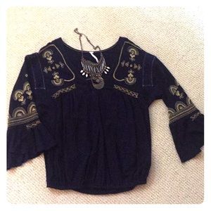 Free People navy blue embroidered top